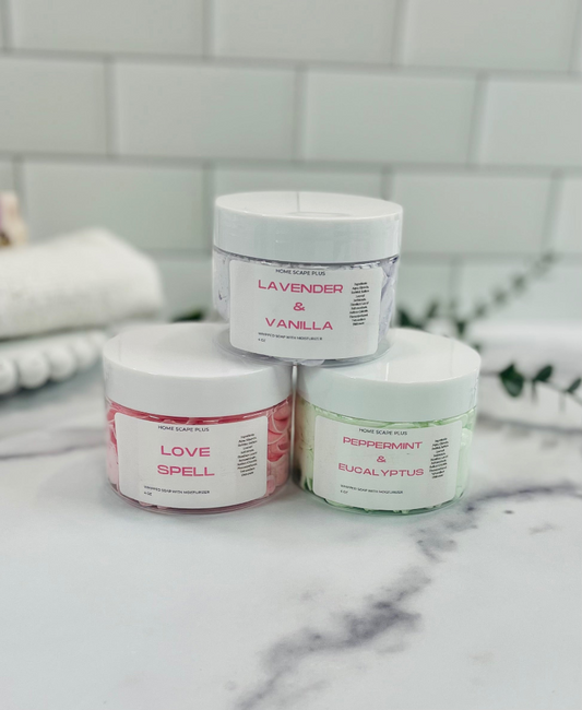 Whipped soap is a creamy, buttery type of soap made with moisturizing oils and a soap base. This whipping process introduces air into the mixture, creating a luxuriously fluffy texture that feels light and airy on your skin.