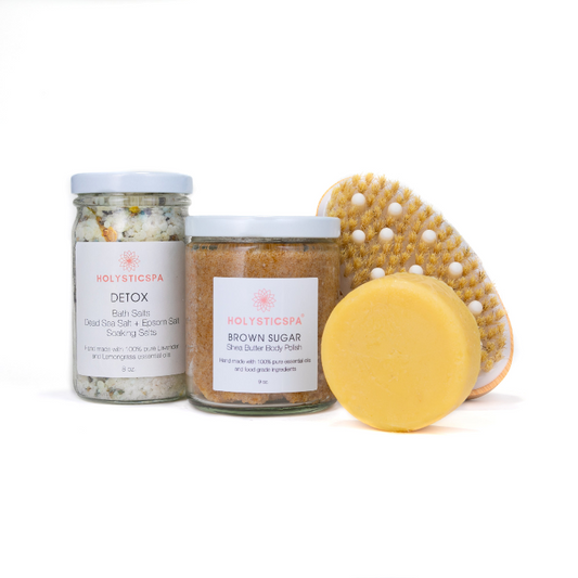 This Body Care Bundle will help you relax, exfoliate, detox, and give you beautiful skin.  This bundle includes Body Brush, Brown Sugar Body Scrub, Tranquil Lotion Bar, and Detox Bath Salts.