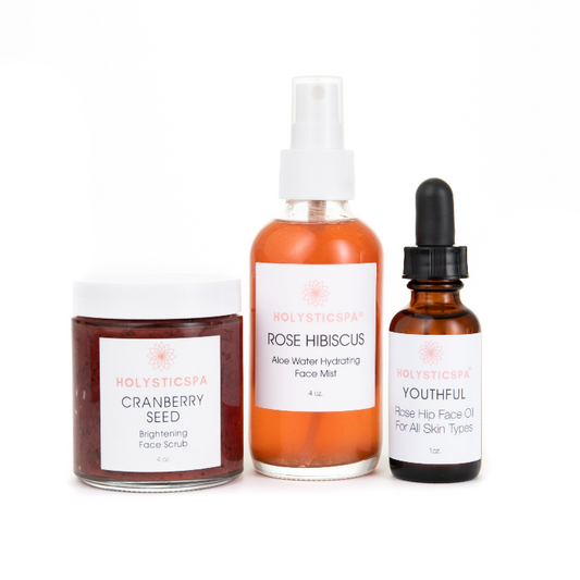 Brightening Skincare bundle will help with sun damage, sun spots, hyperpigmentation age spots, and aging skin.  This bundle includes Cranberry Seed Face Scrub, Youthful Face Oil, and Rose Hibiscus Face Mist.