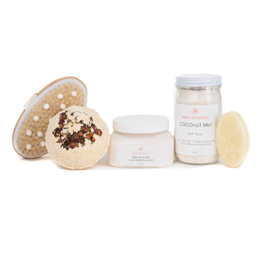 This Hydrating Body Care Bundle is for anyone that wants super soft moisturized skin.  This bundle includes Coconut Milk Bath Salts, Milk & Honey Hand Body Lotion, Skin So Soft Lotion Bar, Oatmeal Bath Bomb. 
