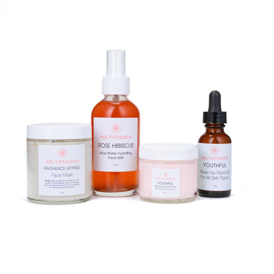 This skincare bundle has everything you need to keep the skin young, vibrant and hydrated.  This bundle includes Radiance Lifting Face mask, Youthful face oil, and Rose Hibiscus face mist, and Youthful Face cream. 